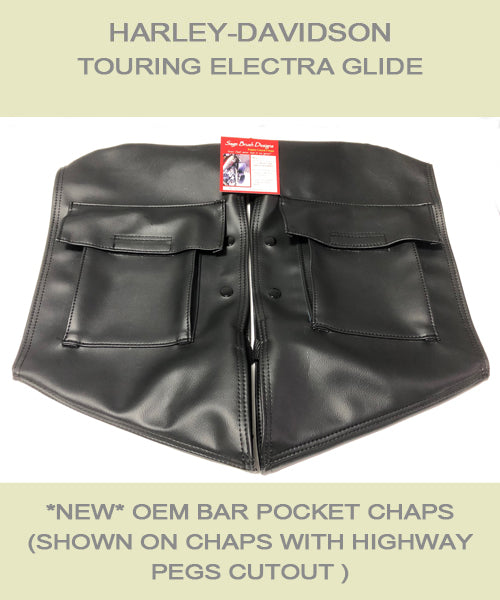 Harley Davidson Electra Glide Black Soft Lowers for OEM Bar with Pockets shown with highway peg cutouts
