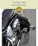 Honda 750 Shadow ACE with black studded engine guard chaps with cross embroidery