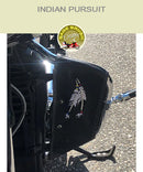 Close up of Indian Pursuit with black engine guard chaps with feather embroidery