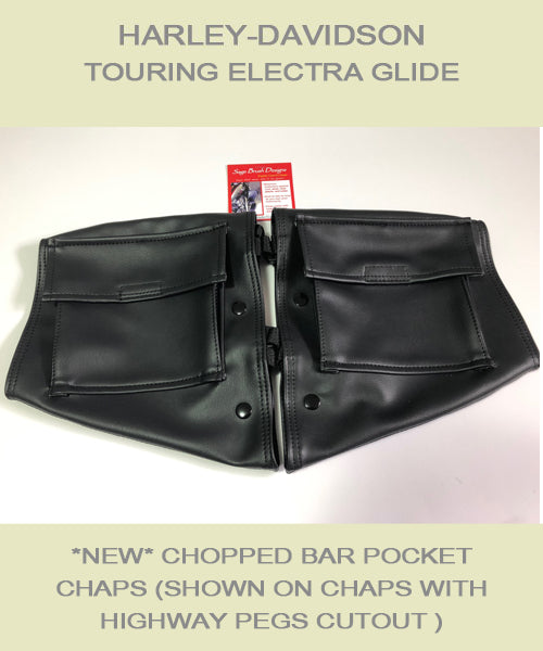 Harley Davidson Electra Glide Black Soft Lowers for Chopped Bar with Pockets shown with highway peg cutouts