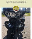 Indian Challenger with two black engine guard chaps with feather embroidery