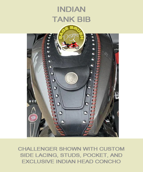 Indian Challenger Tank Bib in black with custom side lacing, studs, pocket, and exclusive Indian Head concho