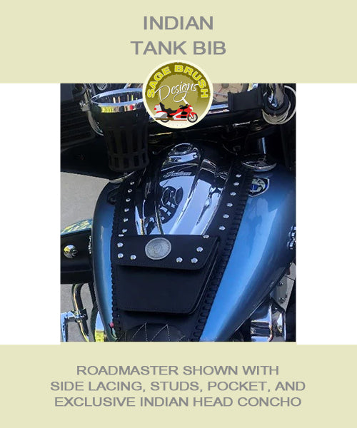 Indian Roadmaster Tank Bib in black with side lacing, studs, pocket, and exclusive Indian Head concho