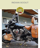Indian Scout with tan engine guard chaps with embroidery