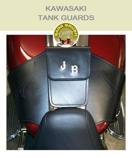 Kawasaki Tank Guards with custom stitching, pocket, and custom order initials