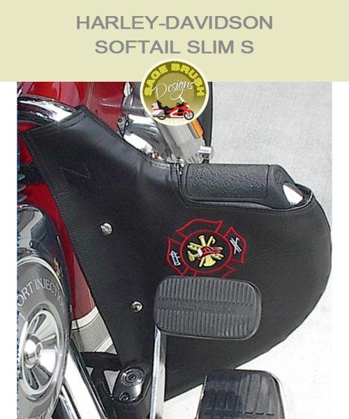 Softail Slim S with black engine guard with fire fighter logo