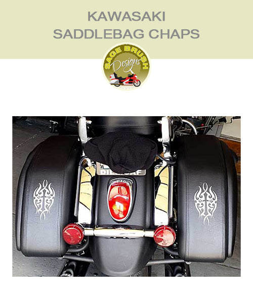 Kawasaki Saddlebag Chaps in black with embroidered celtic design