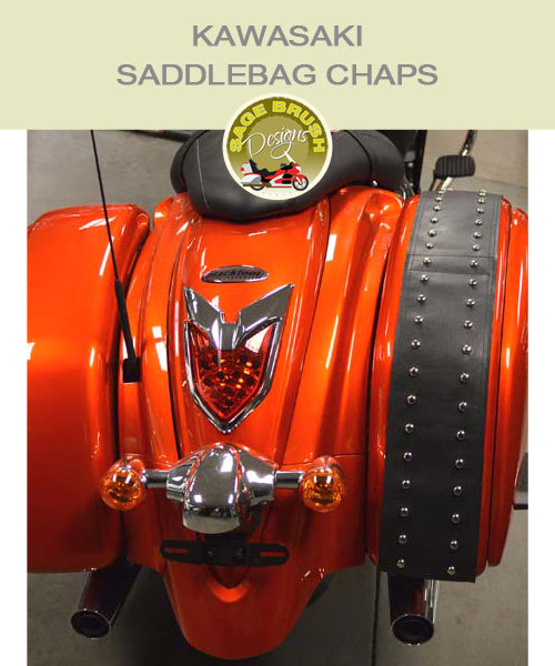 Kawasaki Saddlebag Chaps with studs on bright orange motorcycle