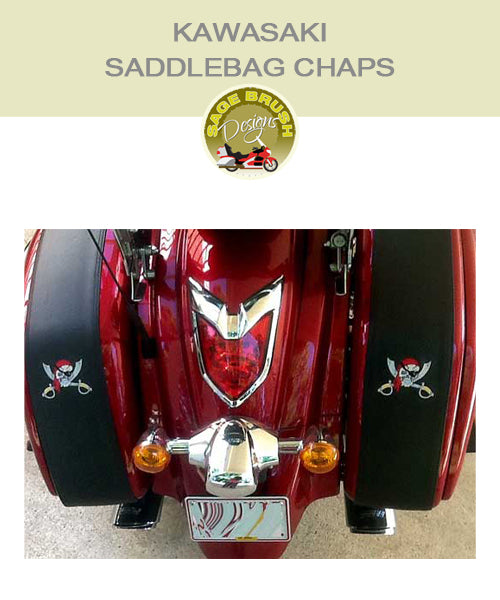 Kawasaki Saddlebag Chaps with embroidered pirate skull on black chaps